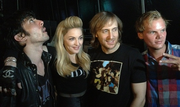 Madonna with David Guetta, Xavier de Rosnay from Justice and Avicii backstage at UMF.